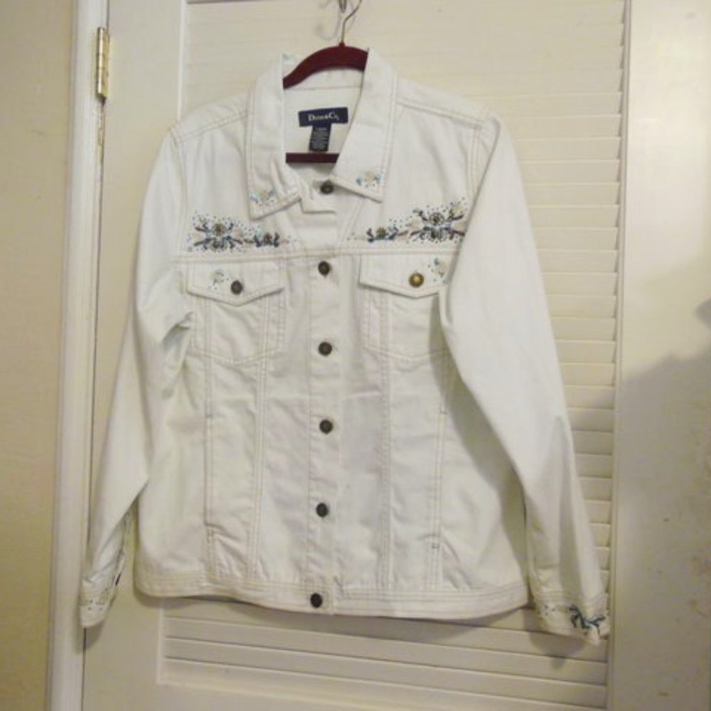 Denim & Co. White Embellished Denim Jacket Size Large